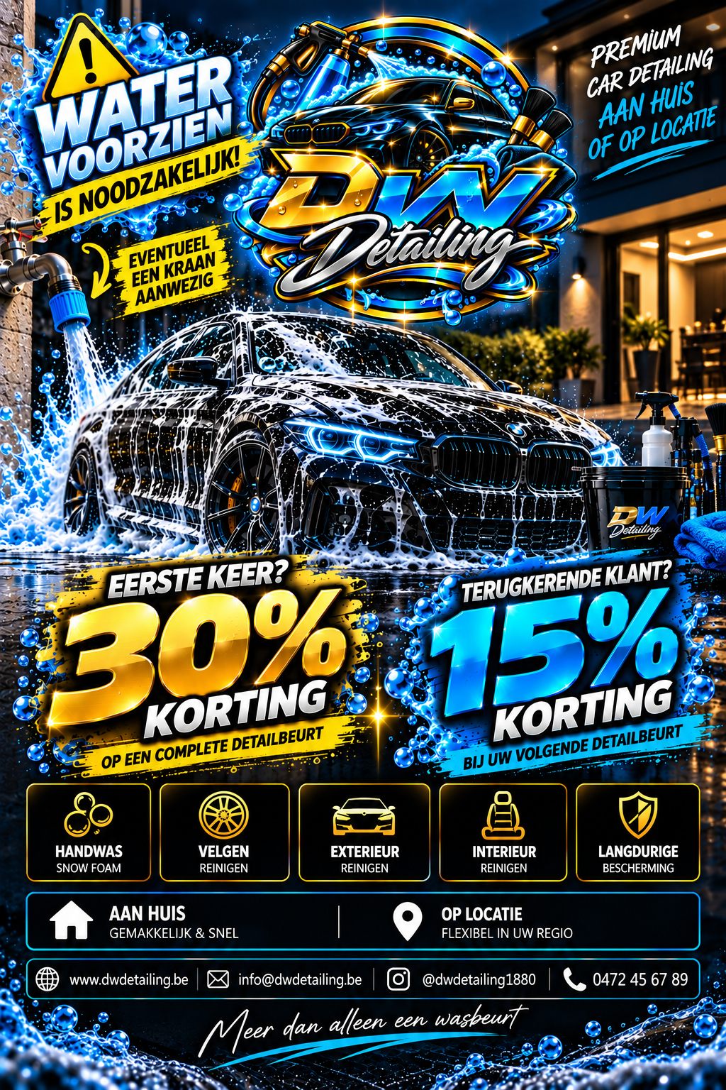Flyer DW Detailing: 30% korting voor nieuwe klanten, 15% voor terugkerende klanten